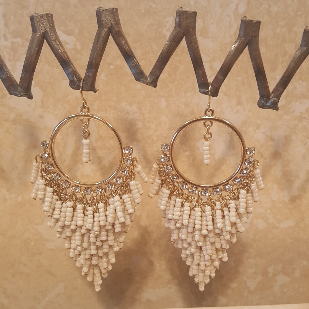 Off White & Gold Tone Chandelier Earrings